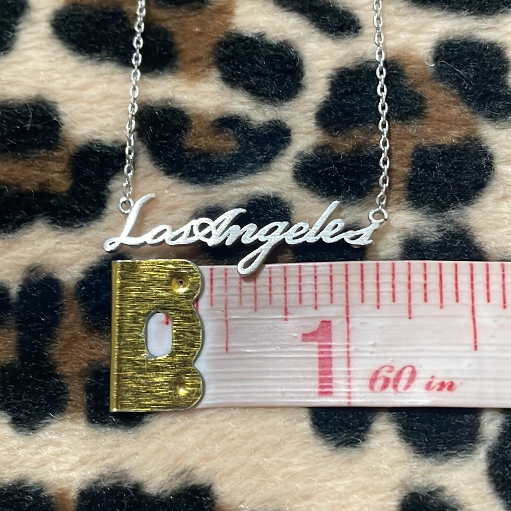 LOS ANGELES Script Pendant Necklace Silver Plated Brass Metal California Jewelry - Picture 4 of 10